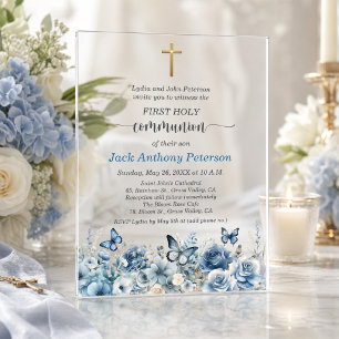 Erstkommunion Goldkreuz Blaue Blumen für Jungen Acryleinladungen
