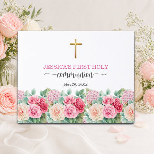 Erstkommunion Goldkreuz Rosen Floral für Mädchen Gästebuch