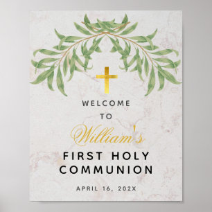 Erstkommunion Grünzeug Marmor Gold Kreuz Willkomme Poster