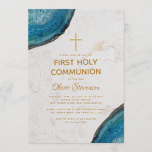 Erstkommunion Junge Blau Geode Marmor Gold Kreuz Einladung