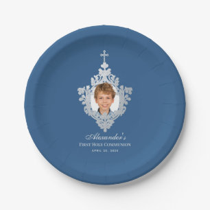 Erstkommunion Junge Foto Klassisch Blau Elegant Pappteller