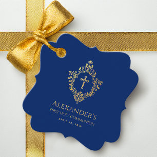 Erstkommunion Junge Royal Blau Vintage Gold Wappen Geschenkanhänger