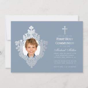 Erstkommunion Jungen Foto Staubblau Faux Silber Einladung