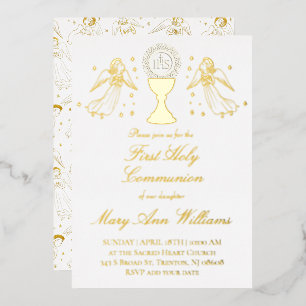 Erstkommunion katholische Mädchen goldene Engel De Folieneinladung
