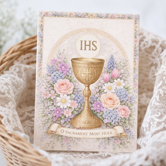 Erstkommunion-Kelch-Hostie-Blumen  Einladung