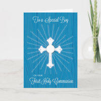 Erstkommunion Kreuz und Strahlen auf blauem Holz f