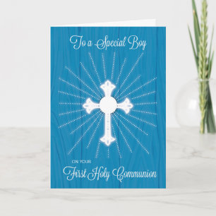 Erstkommunion Kreuz und Strahlen auf blauem Holz f Karte