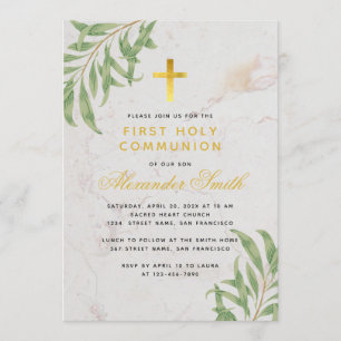 Erstkommunion Laub Gold Marmor Weiden Blätter Einladung