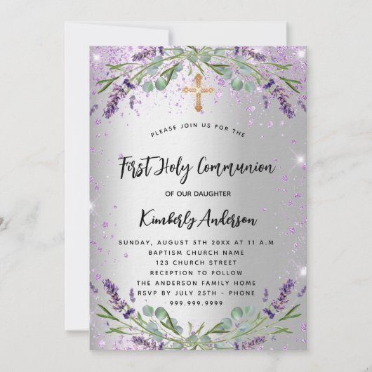 Erstkommunion Lavendel silber violett Luxus Einladung (Vorderseite)