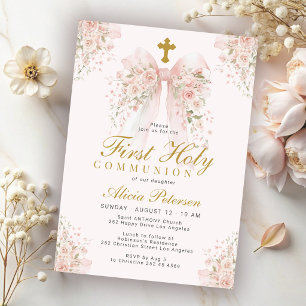 Erstkommunion Mädchen blassrosa Schleife floral Einladung
