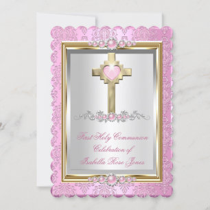 Erstkommunion Mädchen Rosa Perlmutt Damast Einladung