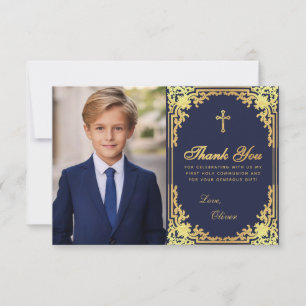 Erstkommunion Marineblau Gold Vintage Junge Foto Dankeskarte