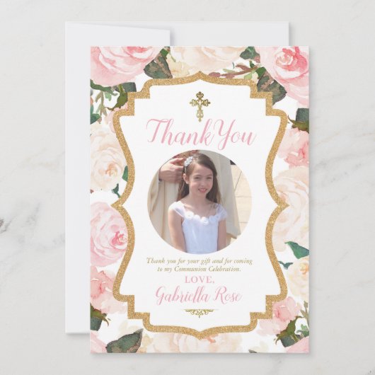 Erstkommunion oder Taufe Florales Rosa  Dankeskarte (Vorderseite)