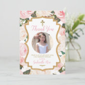 Erstkommunion oder Taufe Florales Rosa  Dankeskarte (Stehend Vorderseite)