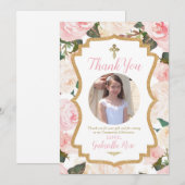 Erstkommunion oder Taufe Florales Rosa  Dankeskarte (Vorne/Hinten)