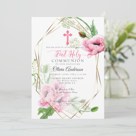 Erstkommunion | Pink Poppies and Foliage 2 Einladung (Stehend Vorderseite)