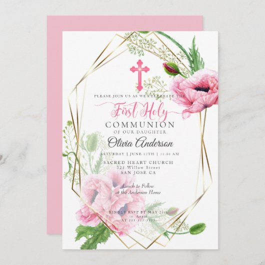 Erstkommunion | Pink Poppies and Foliage 2 Einladung (Vorne/Hinten)