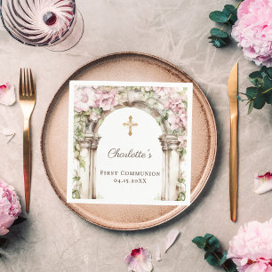 Erstkommunion Rosa Blumenbogen Kreuz Mittagessen Serviette