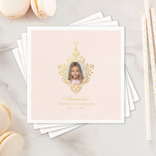 Erstkommunion Rosa Mädchen Foto Faux Gold Kreuz Serviette
