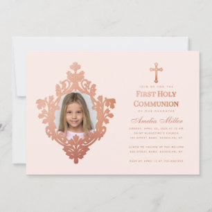 Erstkommunion Rosa Mädchen Foto Vintage Roségold Einladung
