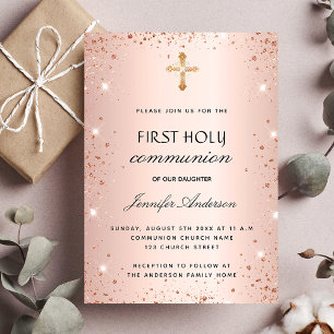 Erstkommunion Rose Gold Glitter Luxus Einladung
