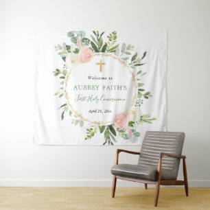 Erstkommunion Taufe rosa goldene Hintergrund Zeich Wandteppich