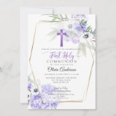 Erstkommunion | Violet Anemone Floral Cross Einladung (Vorderseite)