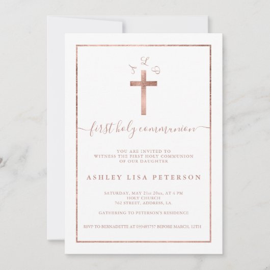 Erstkommunion von Edelgold-Rose-Cross-Monogramm Einladung (Vorderseite)