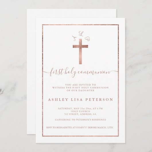 Erstkommunion von Edelgold-Rose-Cross-Monogramm Einladung (Vorne/Hinten)