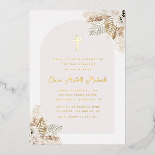 Erstkommunion von Pampas Gras Folieneinladung (Vorderseite)