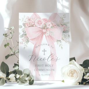 Erstkommunion Willkommensgruß mit Blumen und rosa  Poster
