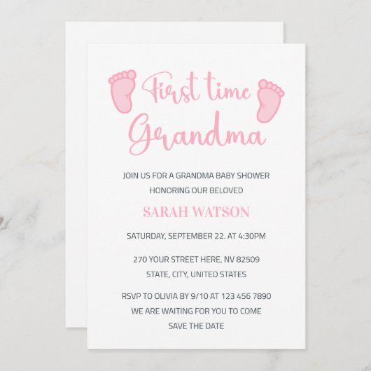 Erstmalige Grandma Baby Girl Feet Dusche Einladung (Vorne/Hinten)