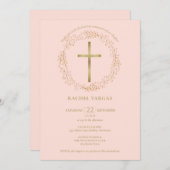 Erstmalige Kommune Rosa Rosa Gold Cross Bloral Einladung (Vorne/Hinten)