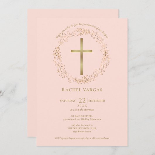 Erstmalige Kommune Rosa Rosa Gold Cross Bloral Einladung (Vorne/Hinten)