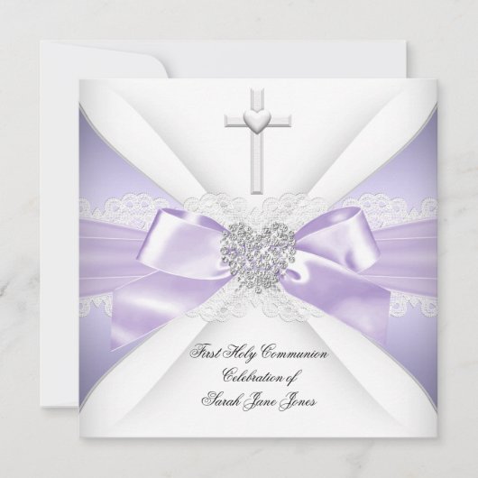 Erstmalige Kommunion Lavender Silver Heart Girl Einladung (Vorderseite)