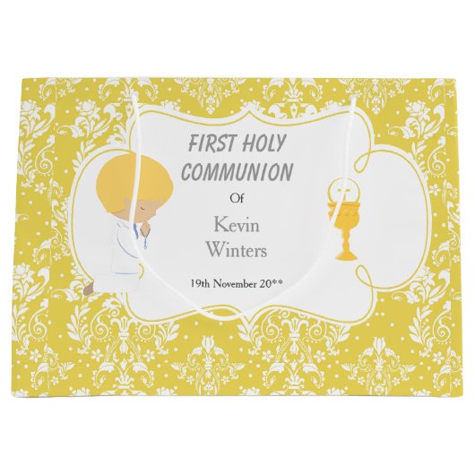 Erstmaliger Blonde Boy Gold Damask Große Geschenktüte (Vorderseite)