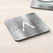 Erstmaliger Name des luxuriösen Silver Brushed Met Getränkeuntersetzer (Linke Seite)