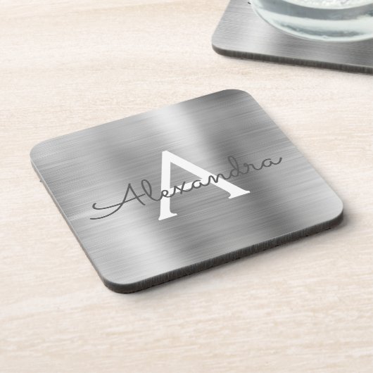 Erstmaliger Name des luxuriösen Silver Brushed Met Getränkeuntersetzer (Linke Seite)