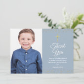 Erstmaliges Dusty Blue Gold Dust Foto Dankeskarte (Stehend Vorderseite)