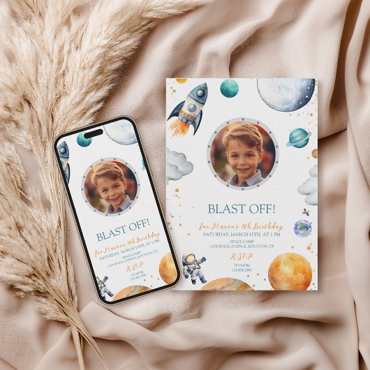 Erstreise Astronaut Rocket Foto Geburtstag Einladung