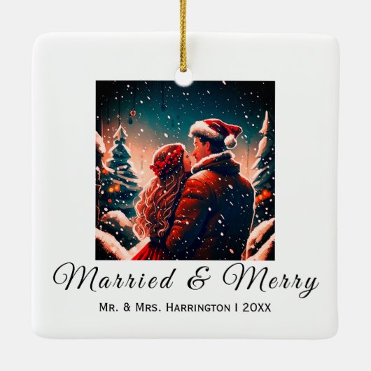 Erstweihnachtsfest Neuvermählt romantisches Paar O Keramikornament (Rückseite)