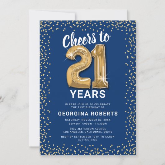 Erwachsene 21. Geburtstag Blue Gold Einladung (Vorderseite)