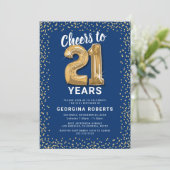 Erwachsene 21. Geburtstag Blue Gold Einladung (Stehend Vorderseite)