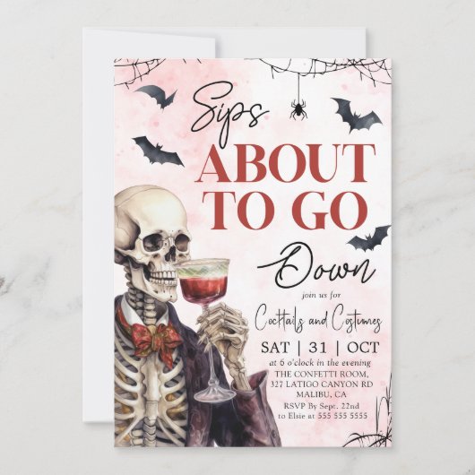 Erwachsene Halloween Sips über Skelett Einladung (Vorderseite)