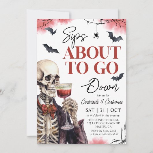Erwachsene Halloween Sips über Skelett Einladung (Vorderseite)