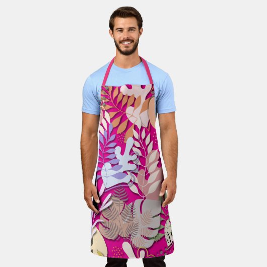 Erwachsene Schürze: Abstrakte Blätter (Magenta) Schürze (Getragen)