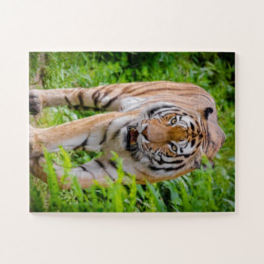 Erwachsene Tiger, die unter hellgrünen Blätter wac Puzzle (Horizontal)