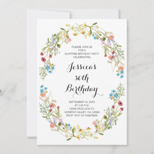 Erwachsene Wildblumen Blumengeburt jeden Alters Einladung (Vorderseite)