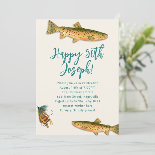 Erwachsenenforelle Fischerei Themed Party Einladun Einladung (Stehend Vorderseite)