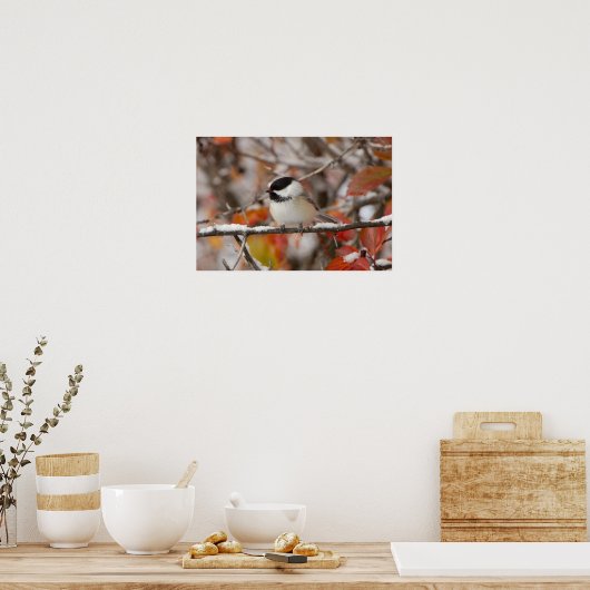 Erwachsenenkichade mit schwarzer Kappe im Schnee Poster (Küche)